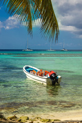 Beautiful exotic Caribbean coast with moored white motorboat, Dominican Republic