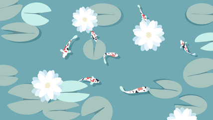 Fancy carp swimming with lotus flowers and leaves in the pool