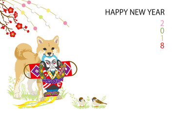 英語賀詞　2018年　年賀状　凧を加える柴犬