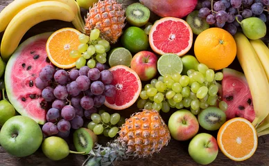 Fotobehang Biologische vruchten achtergrond. Gezond eetconcept. Plat leggen. © bit24