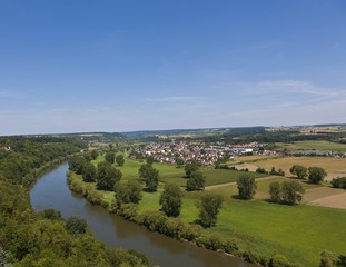 Fototapeta na wymiar View over the Neckar River towards the village of Offenau, Neckartal, Baden-Wuerttemberg, Germany, Europe, PublicGround, Europe