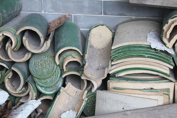 Chinese Traditional Green  Roof Tiles in a Buddhist Monastery in Guangdong China Asia