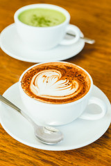 Hot chocolate latte in white cup