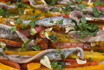 Anchovy fillets with capsicum stripes with garlic, olive oil and parsley