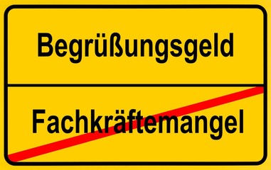 City limits sign, symbolic image, ending the lack of a specialised workforce by welcoming money for foreign skilled workers