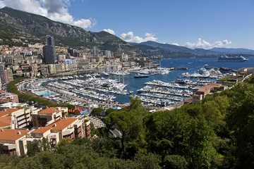 Fototapeta na wymiar Overlooking the harbour of Monaco, Port Hercule, Monte Carlo, Principality of Monaco, Cote d'Azur, Mediterranean Sea, Europe, PublicGround