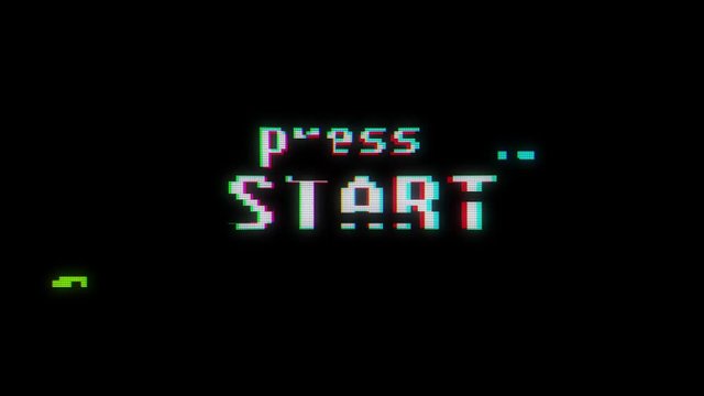 retro videogame press start text on old tv glitch interference screen ... New quality universal vintage motion dynamic animated background colorful joyful cool video footage