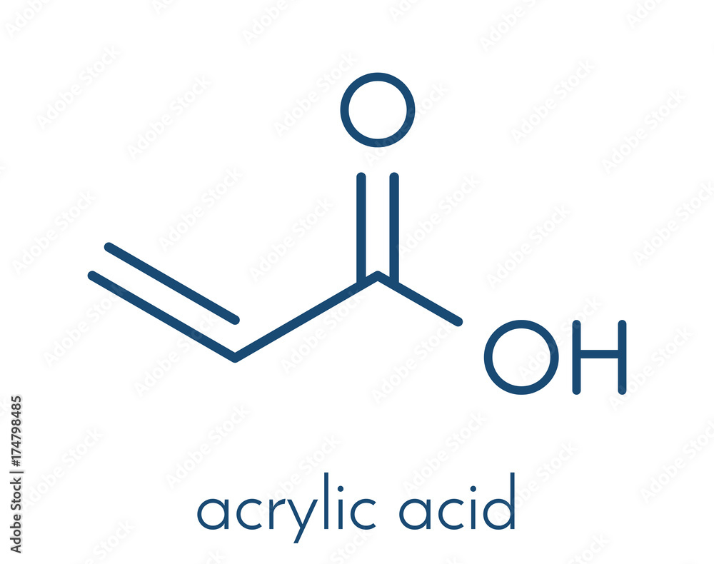 Sticker acrylic acid molecule, polyacrylic acid (PAA, carbomer) building block. PAA is used in the production of disposable diapers. Skeletal formula.