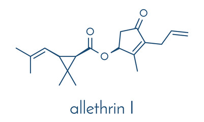Allethrin pyrethroid insecticide. Synthetic analog of chrysanthemum flower chemical. Often used against mosquitos. Skeletal formula.