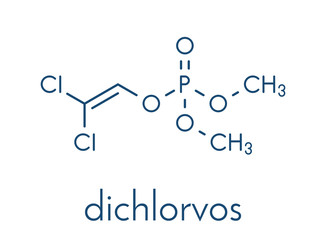 Dichlorvos organophosphate insecticide molecule. Neurotoxin pesticide that blocks the acetylcholinesterase enzyme. Skeletal formula.