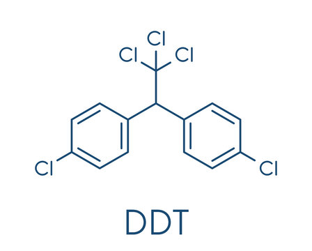 DDT (dichlorodiphenyltrichloroethane) molecule. Controversial pesticide, used in agriculture and for malaria disease vector control. Skeletal formula.