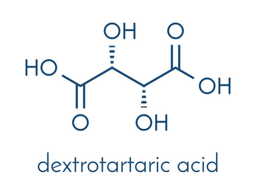 Tartaric acid (dextrotartaric acid) molecule. Acid present in wine, added as oxidant additive E334 to food. Skeletal formula.