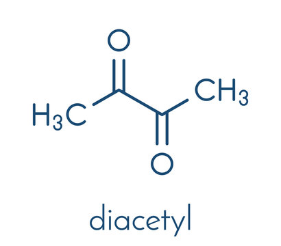 Diacetyl (butanedione) molecule. Responsible for taste of butter. Used for butter flavouring. Causes popcorn worker’s lung (bronchiolitis obliterans). Skeletal formula.