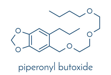 Piperonyl butoxide (PBO) pesticide synergist molecule. Increases potency of insecticides by inhibiting breakdown by cytochrome P450. Skeletal formula.