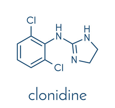Clonidine drug molecule. Used in treatment of ADHD, hypertension, migraine, anxiety disorders, etc. Skeletal formula.