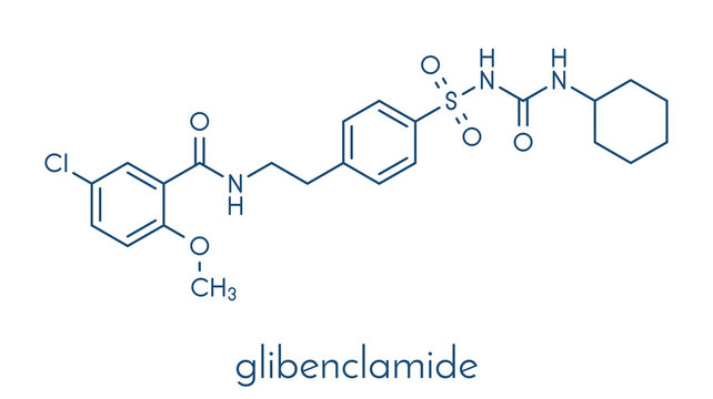 Glibenclamide (glyburide) diabetes drug molecule. Skeletal formula.
