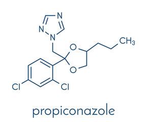 Propiconazole fungicide molecule, used in agriculture for crop protection. Skeletal formula.