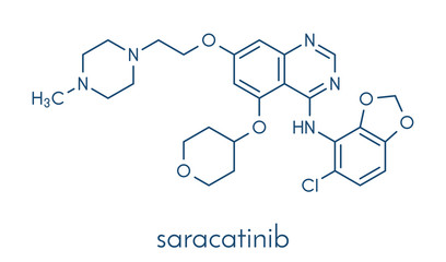 Saracatinib drug molecule. Dual kinase inhibitor, inhibiting both Src and Bcr-Abl tyrosine kinases. Skeletal formula.