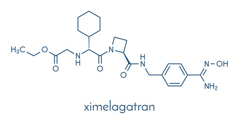Fototapeta premium Ximelagatran anticoagulant drug molecule (direct thrombin inhibitor). Skeletal formula.