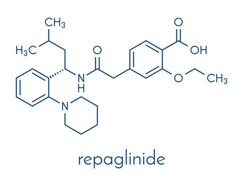 Repaglinide diabetes drug molecule. Skeletal formula.