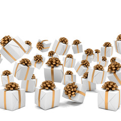 3d render of falling christmas presents with brown ribbons over white background.
