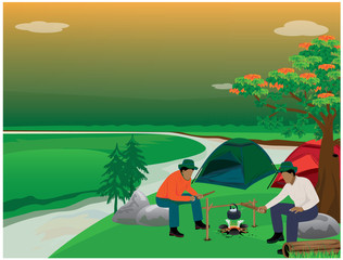 the man cartoon camp in forest vector design