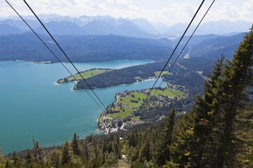 View from Herzogstandbahn, cable car, to Walchensee Lake, district of Bad Toelz-Wolfratshausen, Upper Bavaria, Bavaria, Germany, Europe, PublicGround, Europe