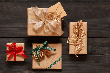 Christmas presents on wooden background