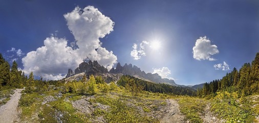 360 panoramic view at the Adolf Munkel trail in the Geisler Group, Odle Mountains, Villnoess or...