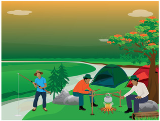 the man cartoon camp in forest vector design