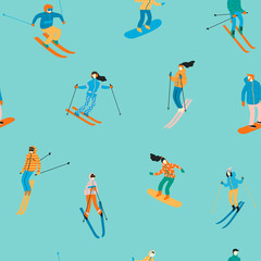 Fototapeta na wymiar Vector illustration of skiers and snowboarders. Seamless pattern.