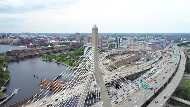 Aerial Drone Footage Zakim Bridge Boston MA USA