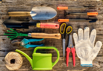 Gardening tools on wooden background flat lay