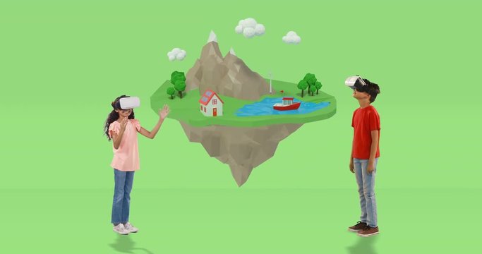 Boy and girl using virtual reality headset with digitally generated travel icons 