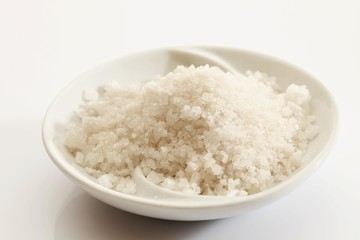Pink Inca salt in a small porcelain bowl