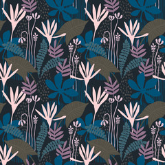 Abstract floral seamless pattern with trendy hand drawn textures.