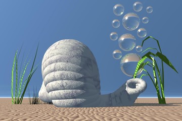 Snail shell and bubbles, 3D computer graphics