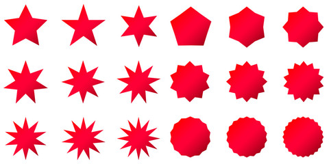 Collection of trendy retro stars shapes. Sunburst design elements set. Bursting rays clip art. Red sparkles. - obrazy, fototapety, plakaty
