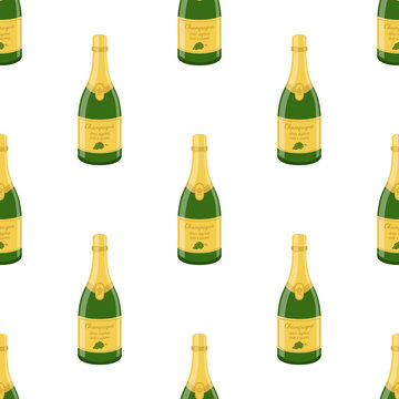 Champagne bottle seamless pattern. Cartoon flat style. Vector illustration