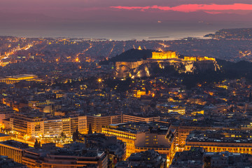 Panoramic view of Athens from the hill Likawitos at sunset, Greece
