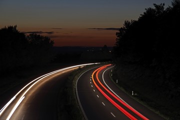 Light trails, dusk, highway, federal road B30, near Biberach, Upper Swabia, Baden-Wuerttemberg, Germany, Europe