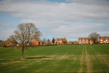 a typical english UK green countryside landscape mixed land use woods and farming