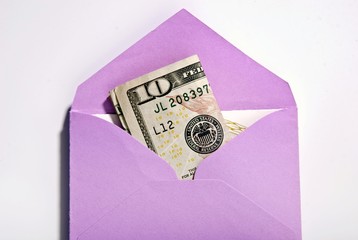 Envelope with a ten-dollar bill, money gift