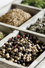 Spices in a case, pepercorns