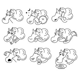 Vector collection of flat funny unicorns isolated on white background. Cartoon style. Set of emoji smile characters. Animal facial expressions and emotions. Fairy magic horse. Children illustration