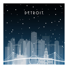 Winter night in Detroit. Night city in flat style for banner, poster, illustration, game, background.