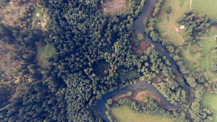 Aerial view of river bend through forest.