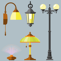 Flat electric lantern city lamp street urban lights fitting illuminator technology light bulb electricity vector illustration.