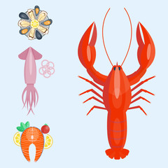 Fresh seafood flat vector illustration fish gourmet delicious restaurant cooking gourmet sea food meal.