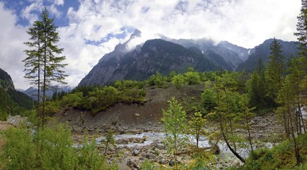 Mountain panorama at the rapid Johannesfluss River in Johannestal Valley, in the Karwendel Range, Tyrol, Austria, Europe